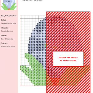 Cross stitch pattern of a cute, smiling egg with a marbled design, nestled in green grass.