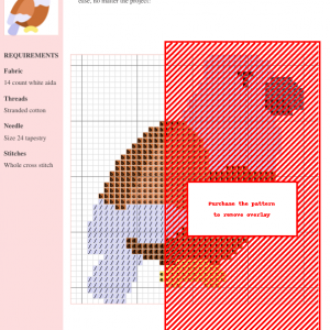 Cross stitch pattern featuring a charming falcon design in orange, white, and purple hues.