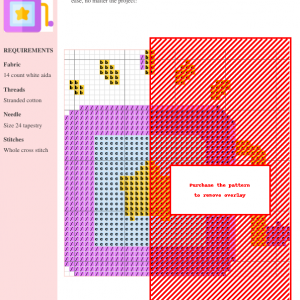 Image of a charming Jack-in-the-Box cross stitch pattern design featuring a purple box, gold star, and whimsical details.
