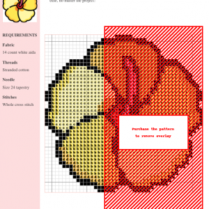 Image of a cross stitch pattern featuring a detailed yellow hibiscus flower with pink stamen.