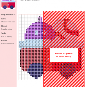 Image of a cross stitch pattern depicting a red wagon carrying a purple alien-like toy and a striped ball.