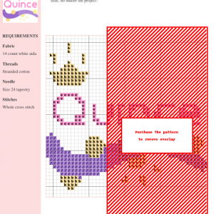 Image of the 'Quince' cross stitch pattern design featuring a crown, purple ribbon, and gold dots, perfect for celebrating a Quinceañera.