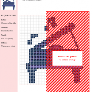 Cross stitch pattern depicting a grand piano with musical notes, showcasing a dark purple and blue color scheme.