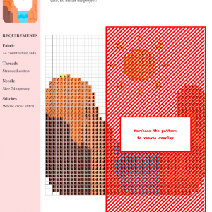 Cross stitch pattern depicting a sunny river scene with orange rock formations and blue water.