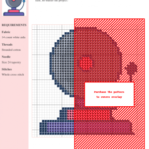 Cross stitch pattern of a school bell, featuring gray, red, and blue threads. A charming and nostalgic design perfect for back-to-school crafts.