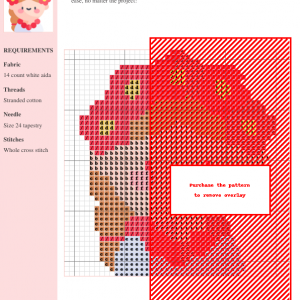 Cross stitch pattern depicting a cute girl wearing a red flower crown and necklace.