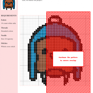 Cross stitch pattern featuring a charming walrus wearing a blue winter hat. The design is simple, cute, and features brown and blue colors.