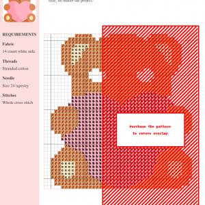 Cross stitch pattern of a brown teddy bear holding a pink heart. Simple and charming design perfect for beginners.