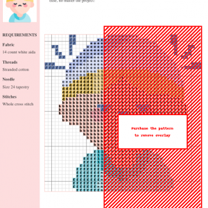 Cross stitch pattern featuring a cute cartoon baby with a stressed expression, wearing a bandage on its head. Pastel colors are used throughout the design.