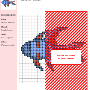 Cross stitch pattern design featuring a stylized fish with blue, red, and orange stripes. Suitable for beginner to intermediate stitchers.