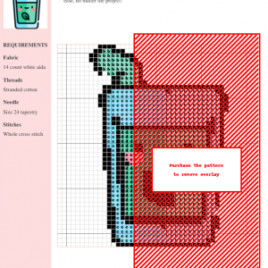 Image of a cross stitch pattern featuring a kawaii smoothie in a glass with a straw and leaf.