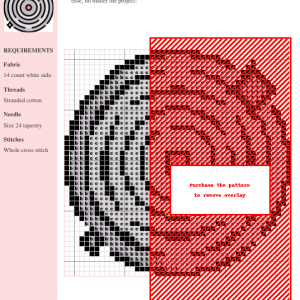Cross stitch pattern depicting a stylized vinyl record with concentric circles and sparkling stars, in grey, pink, and yellow.