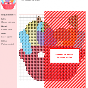 Cross stitch pattern featuring a cute cartoon shopping basket overflowing with colorful fruits and vegetables.