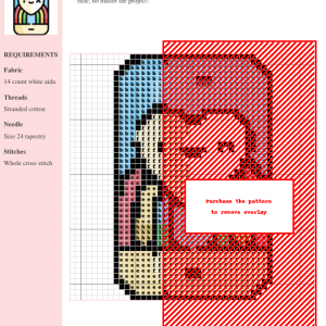 Cross stitch pattern depicting a cute heart with a smiling face, framed by a rainbow, displayed on a smartphone screen.