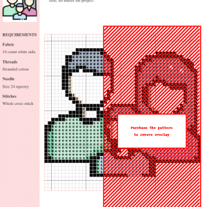Image of a cross stitch pattern depicting a stylized family of three: a father, mother, and child. The design uses muted pastel colors.