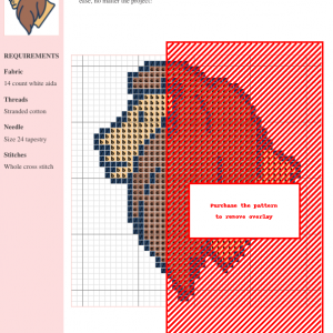 A profile view cross-stitch pattern of a lion, featuring brown and tan colored thread on a white background.