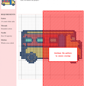 Cross stitch pattern design featuring a charming yellow school bus with red and blue details.
