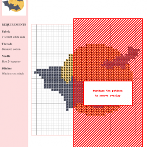 Cross stitch pattern featuring two cute bats flying in front of a yellow full moon. Halloween theme.
