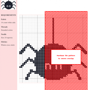 A charming black spider cross-stitch pattern design, perfect for Halloween crafting projects.