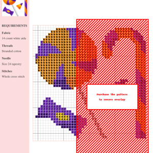 Cross stitch pattern featuring a lollipop, candy cane, candy corn, and wrapped candy in orange and purple Halloween colors.