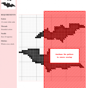 Image of a cross stitch pattern featuring two stylized bats. A simple, black and white design, perfect for Halloween crafts.