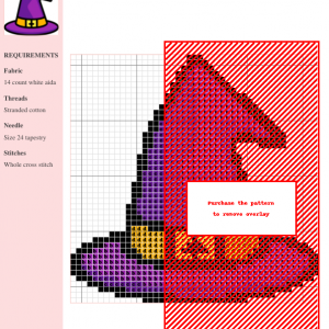 Cross stitch pattern of a purple witch's hat with an orange band. Halloween themed design.