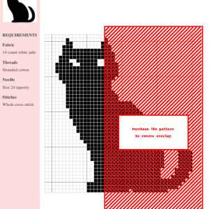 Cross stitch pattern of a black cat with glowing eyes, perfect for Halloween or gothic-themed projects.