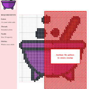 Image of a cross-stitch pattern depicting a purple cauldron with a wooden spoon, bubbling green potion, and whimsical details.