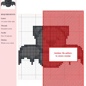 Cross stitch pattern depicting a cute, cartoon-style bat in shades of gray. Ideal for Halloween or gothic crafting.