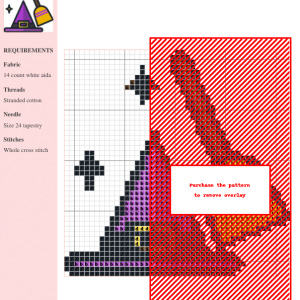 Cross stitch pattern featuring a purple witch's hat and a yellow broom, accented with sparkling stars. Perfect for Halloween crafting.
