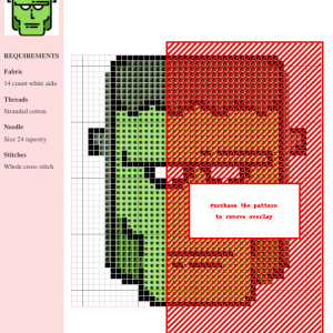 A charming cross-stitch pattern depicting a simplified Frankenstein's monster face. The design features bold outlines and uses primarily green and black thread.