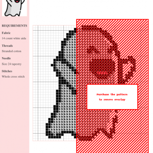 Cross stitch pattern featuring a cheerful, happy ghost design with raised arms. The ghost is primarily white with black outline and pink mouth.