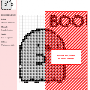Cross stitch pattern featuring a cute ghost saying 'Boo!' in black and white.