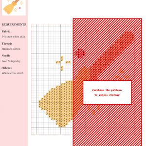 Cross stitch pattern featuring a charming magic broom design with pastel yellow, orange, and pink accents and sparkling details.