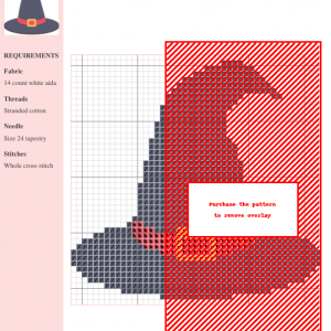 Cross stitch pattern of a witch's hat in dark gray with a red band and gold buckle. Perfect for Halloween or gothic crafting projects.