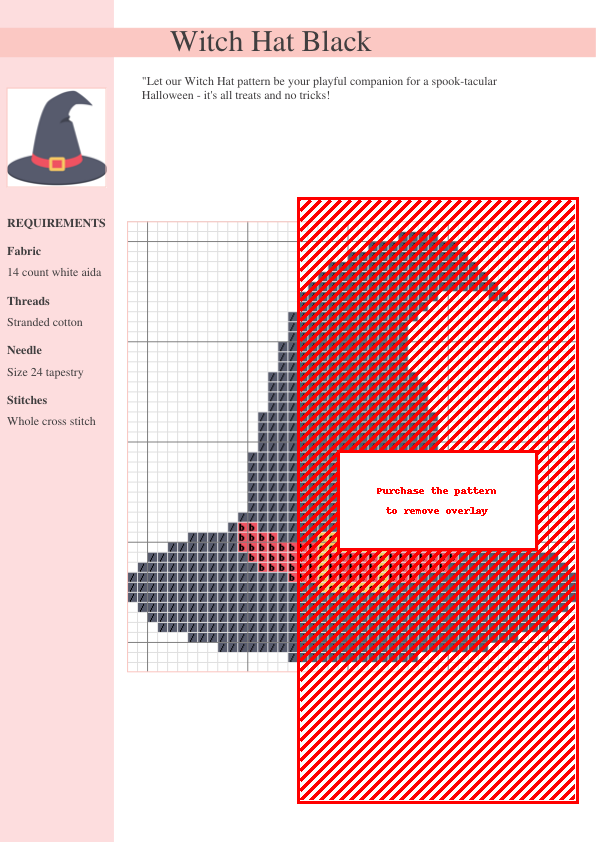 Cross stitch pattern of a witch's hat in dark gray with a red band and gold buckle. Perfect for Halloween or gothic crafting projects.