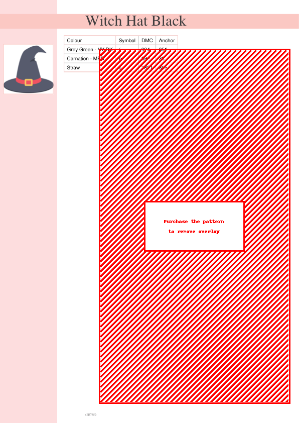 Cross stitch pattern of a witch's hat in shades of dark gray and black, accented with a red band and gold buckle.