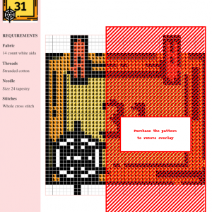 Cross stitch pattern showcasing a Halloween calendar with the number 31 and a spiderweb.