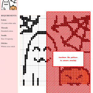 Cross stitch pattern featuring a friendly ghost, a grinning pumpkin, and spiderwebs. Perfect for Halloween crafting.