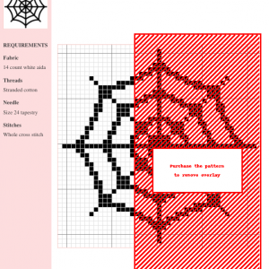 Image of a Halloween-themed cross stitch pattern depicting a spiderweb. Black and white design.