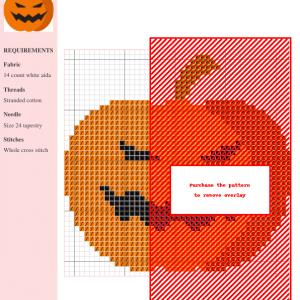 Cross stitch pattern of a mischievous jack-o'-lantern pumpkin with sharp teeth and angry eyebrows. Halloween theme.