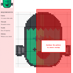 Image of a Happy Frankenstein cross stitch pattern. A cute, cartoonish Frankenstein's monster design with green skin, black hair, and stitches across its forehead, in a simplified, friendly style.