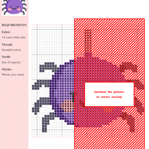 Image of a cross stitch pattern featuring a cute, purple spider with rosy cheeks. The spider has a small hanger at the top.