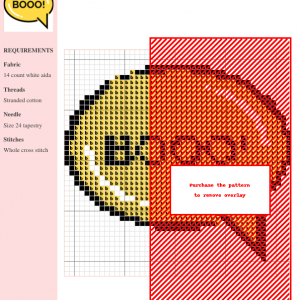 A cross-stitch pattern depicting a yellow speech bubble with the word 'BOOOO!' in black text. Perfect for Halloween crafting.