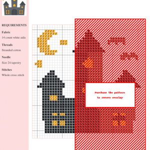 Image of a cross stitch pattern depicting a spooky grey castle under a crescent moon, with bats flying overhead. Halloween theme.