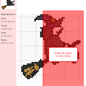 A charming cross-stitch pattern depicting a friendly witch flying on a broomstick. The design features purple and black attire, and a yellow broomstick.