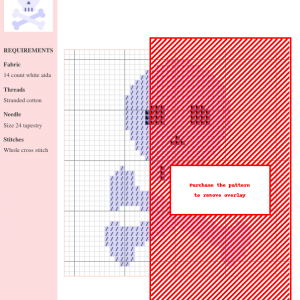 Image of a cross-stitch pattern featuring a stylized skull and crossbones design in pale blue and purple.