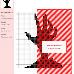 A black and white cross stitch pattern depicting a zombie hand emerging from the ground.