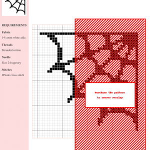 Image of a cross stitch pattern depicting a detailed spiderweb design in a corner motif. Black thread on white background.