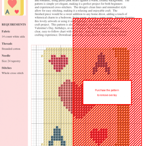 Cross stitch pattern depicting an Ace of Hearts playing card with pastel pink hearts and a blue-grey 'A'.